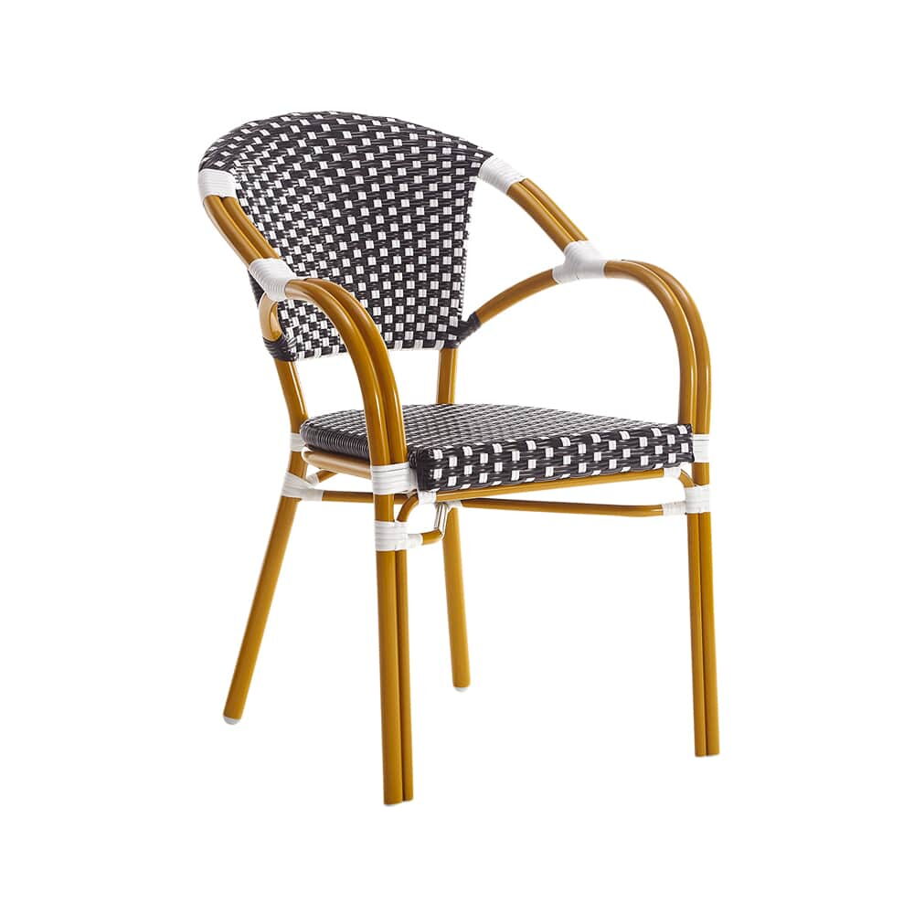 Aluminum Patio Chair in Black and White Rattan with Cherry Finish