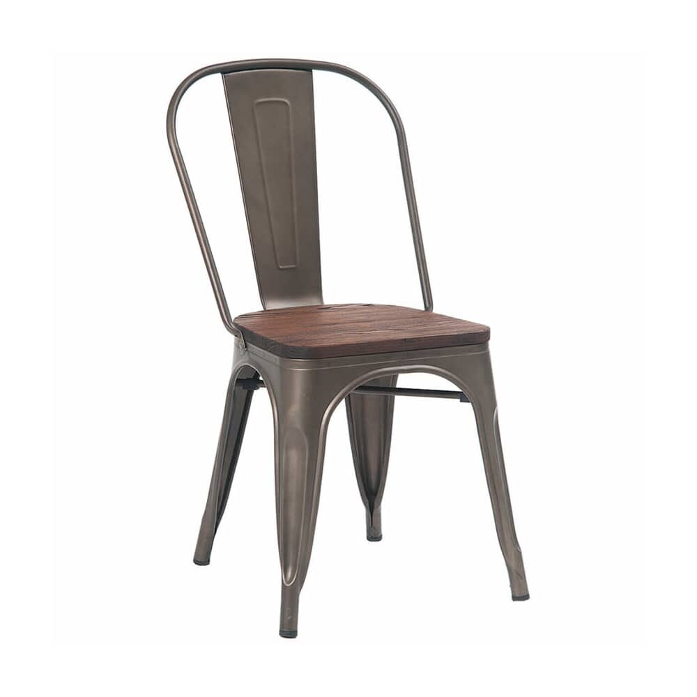 Bistro-Style Chair in Metal with Dark Gray Finish and Walnut Wood Seat