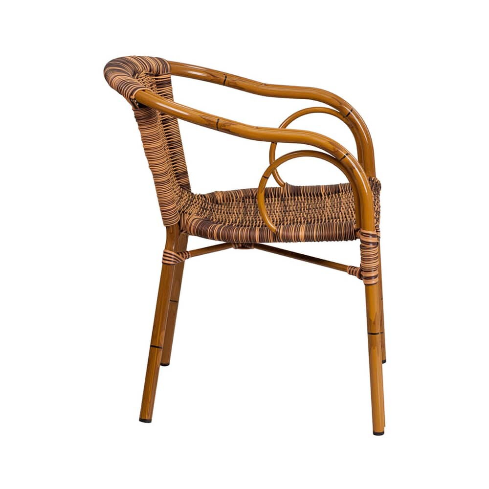 Aluminum Bamboo Patio Chair in Cherry Frame Finish with Brown Rattan