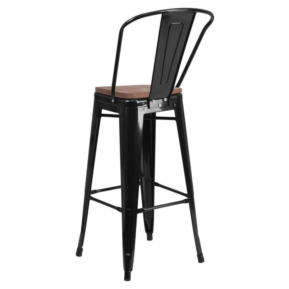Bistro-Style Bar Stool in Black Metal with Walnut Wood Seat