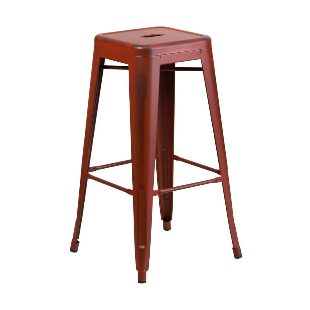 Backless Bar Stool in Distressed Red, Bistro-Style