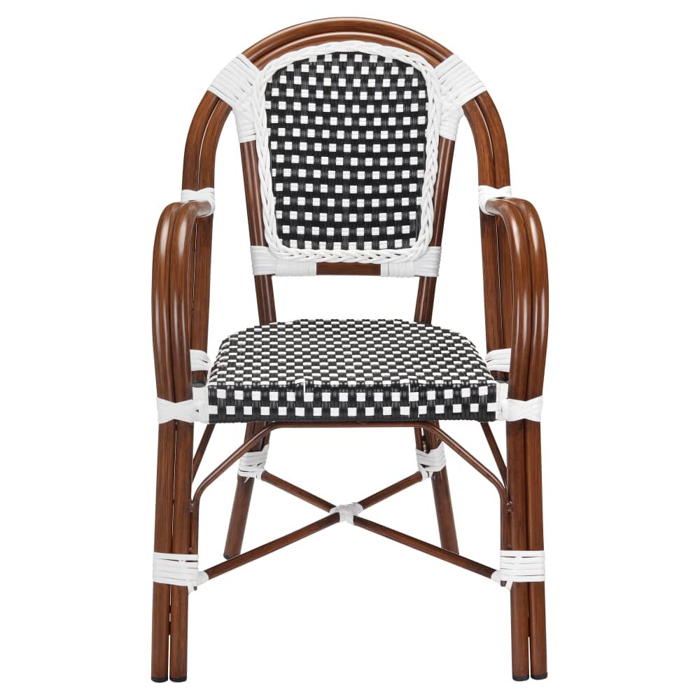Black and White Rattan Patio Armchair in Walnut Finish