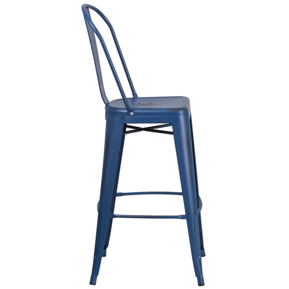 Bistro-Style Bar Stool in Distressed Dark Blue Metal