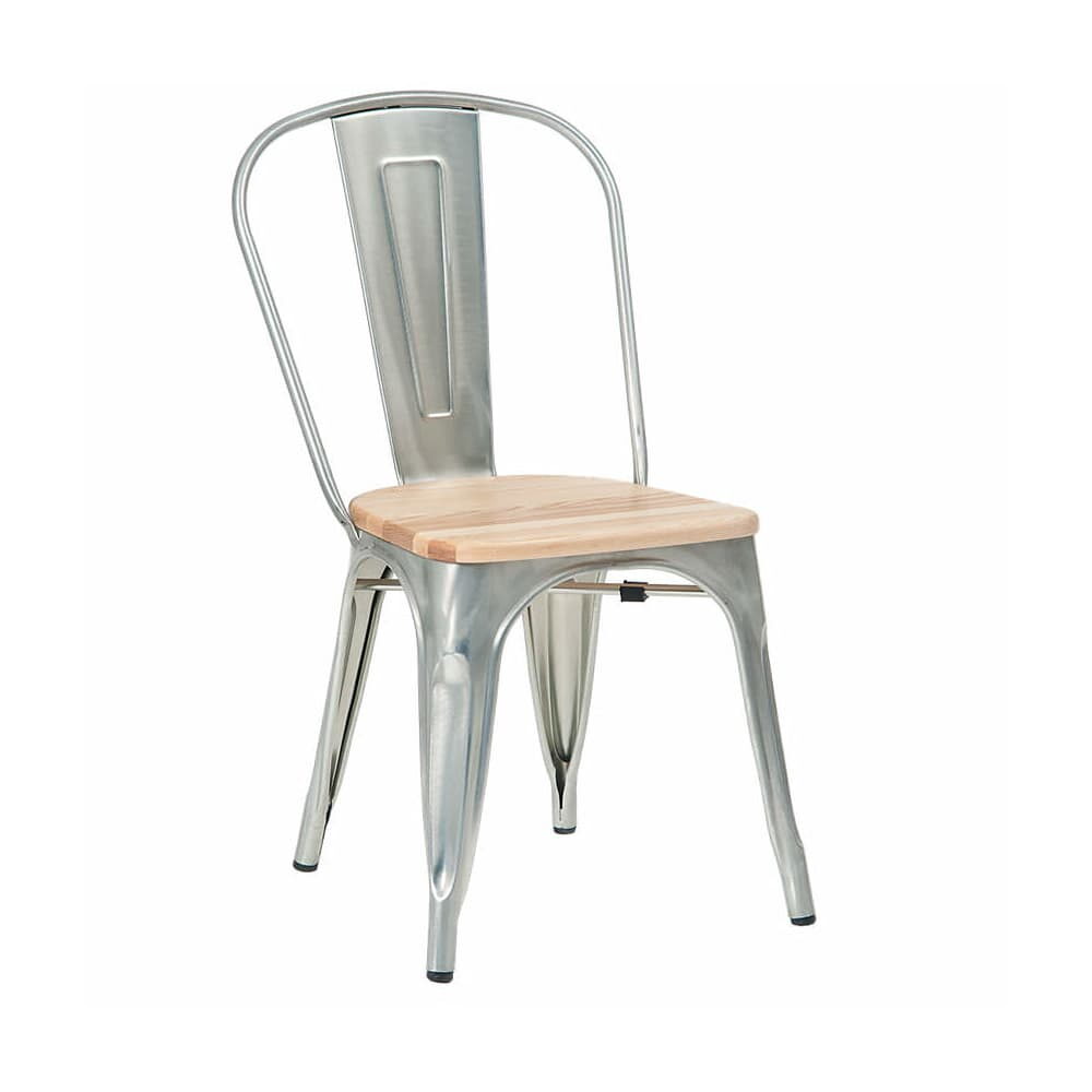 Bistro-Style Chair in Metal with Silver Finish and Natural Wood Seat