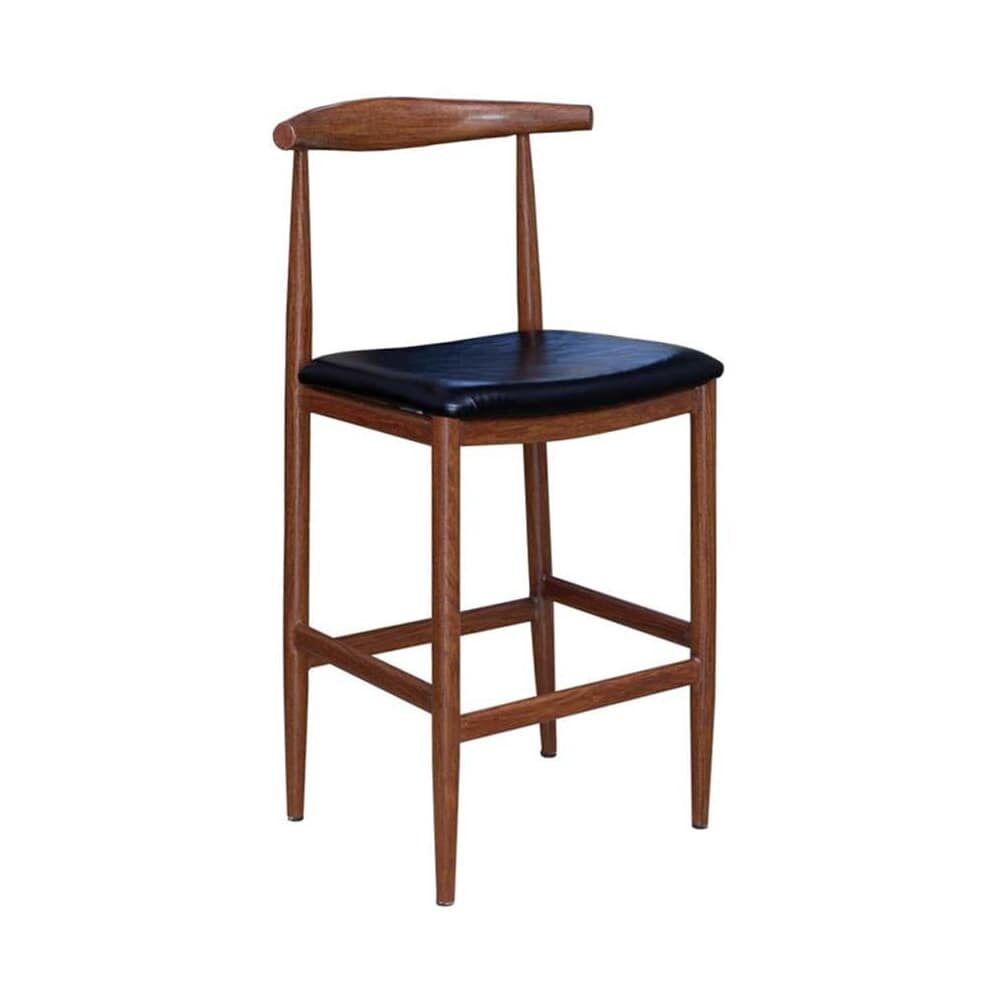 Wood Grain Bar Stool in Metal with Walnut Finish and Black Vinyl Seat