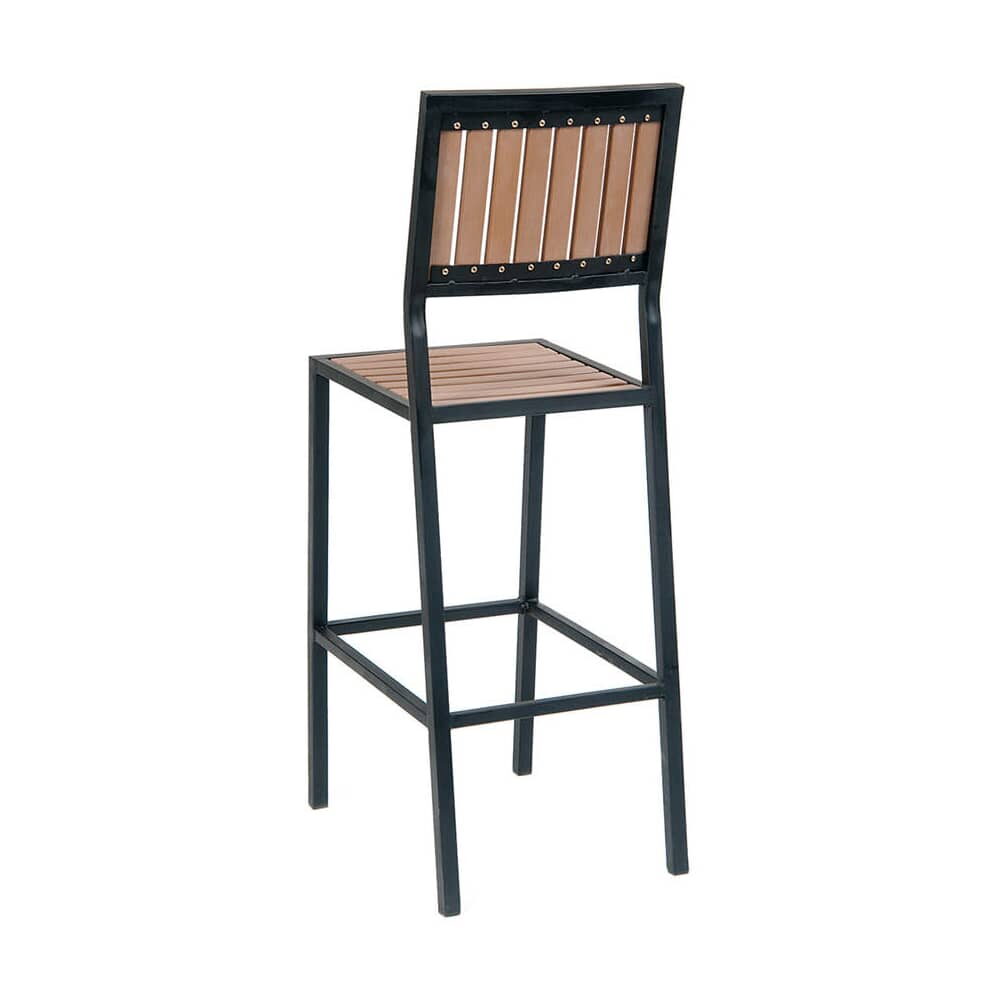 Black Metal Bar Stool in Vertical Slat Faux Teak with Natural Finish