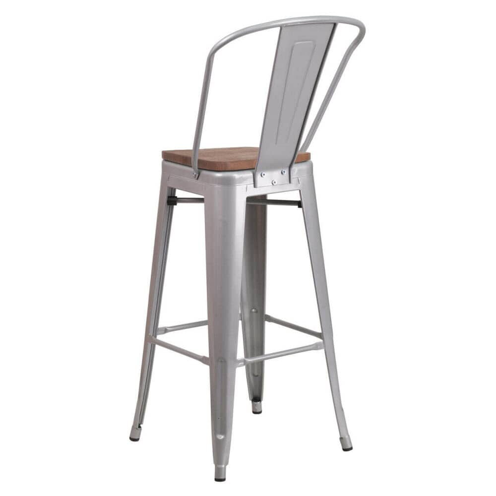 Bistro-Style Bar Stool in Silver Metal with Walnut Wood Seat