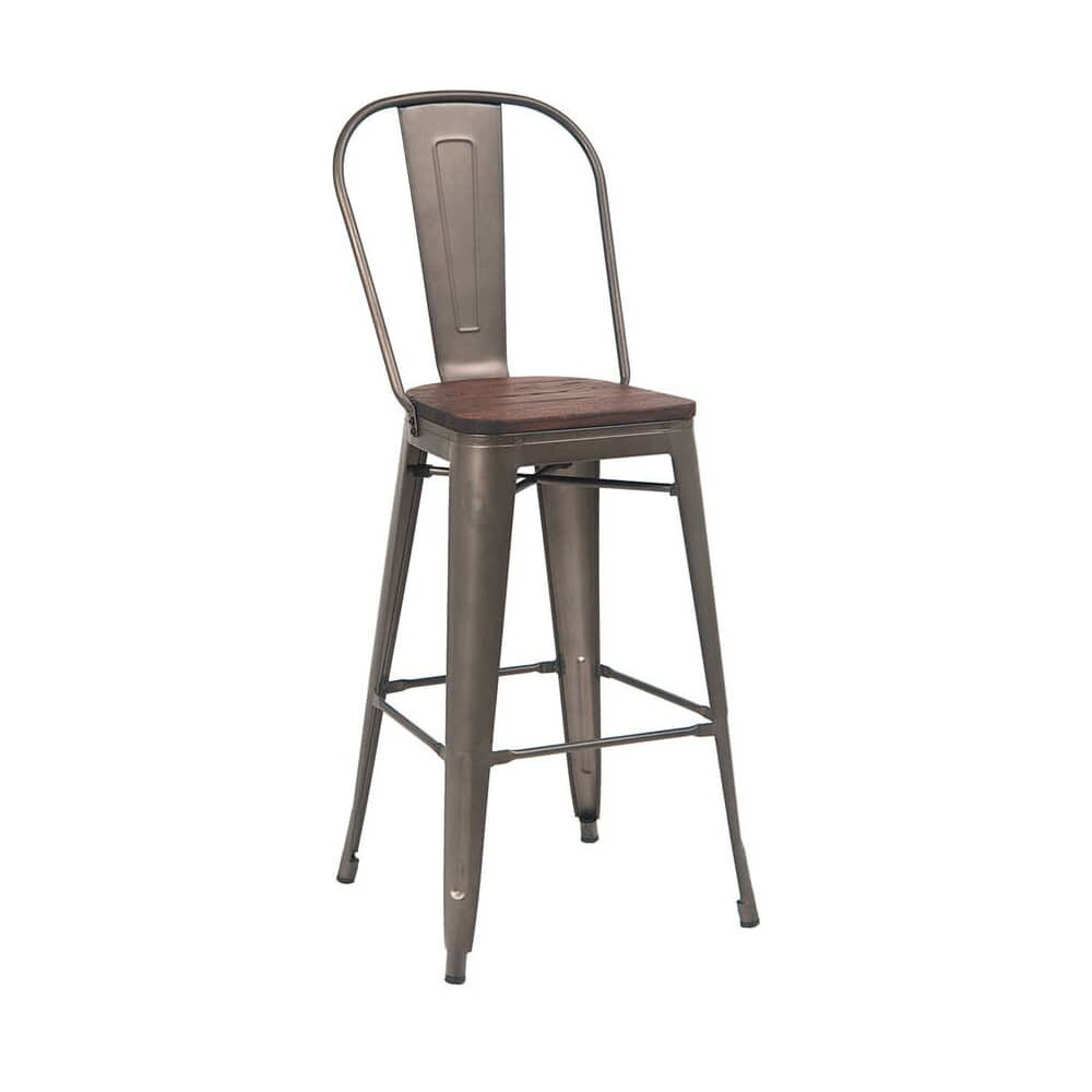 Bistro-Style Bar Stool in Dark Gray Metal with Walnut Wood Seat