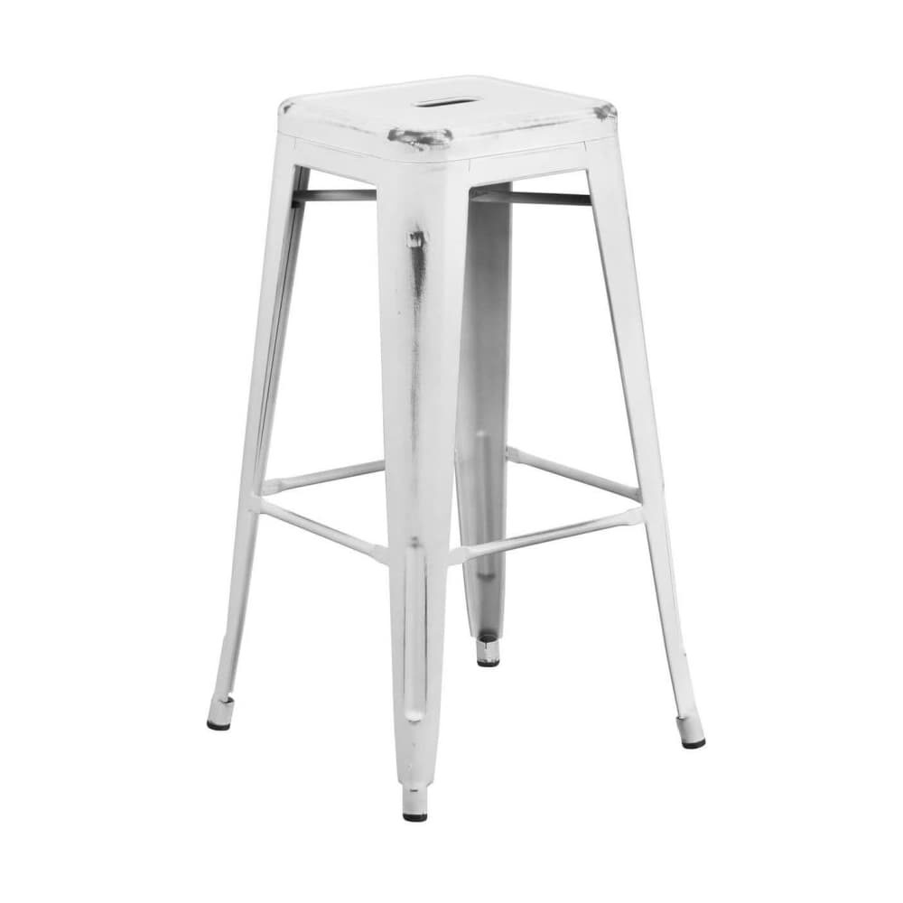Backless Bar Stool in Distressed White, Bistro-Style