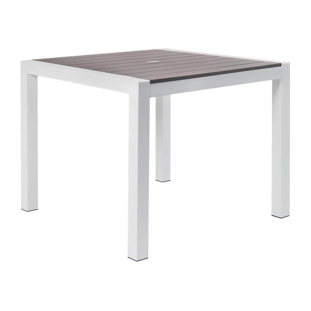 Aluminum Patio Table in White with Gray Faux Teak Top