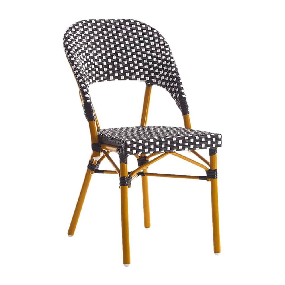 Bamboo Patio Chair in Metal, Cherry Frame, Black and White Rattan
