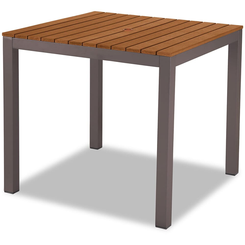 Aluminum Table for Patio, Faux Teak Slats with Rust Color Finish