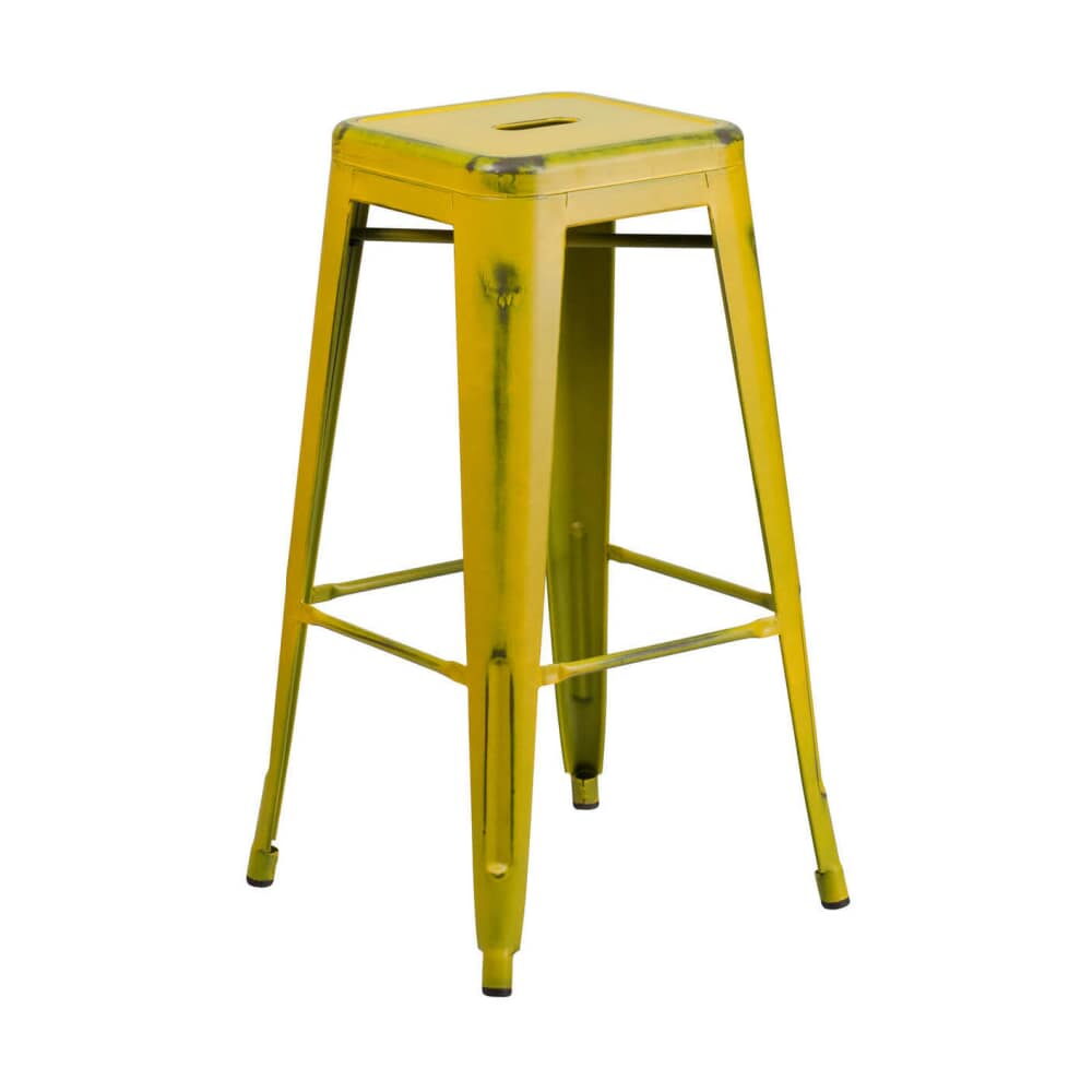 Backless Bar Stool in Distressed Yellow, Bistro-Style