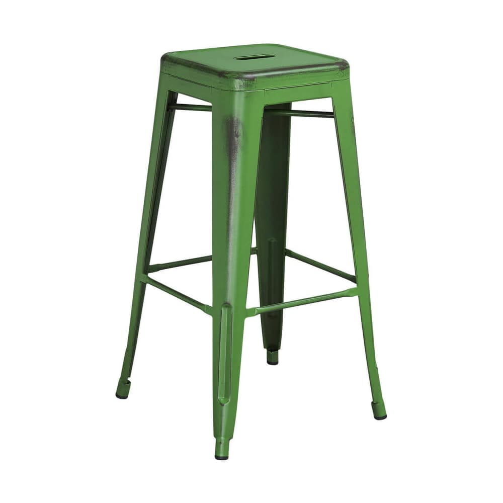 Backless Bar Stool in Distressed Green, Bistro-Style