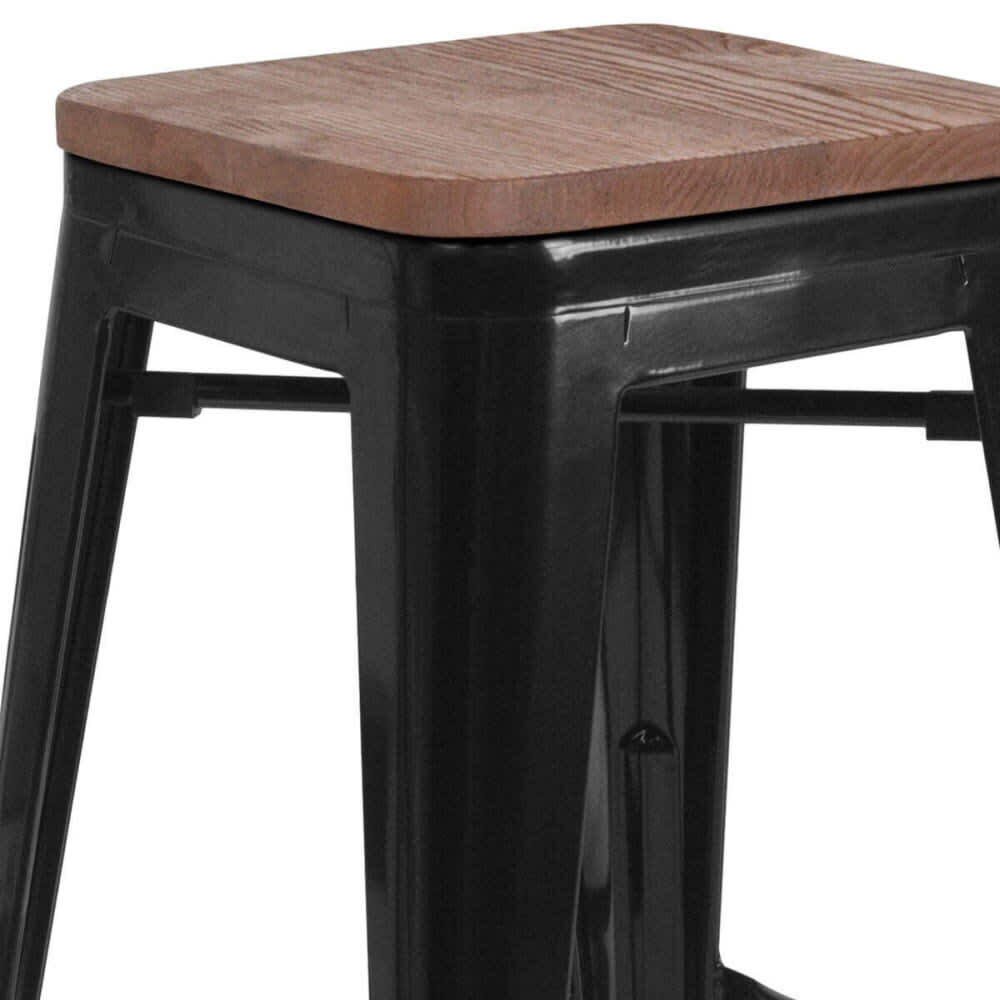 Bistro-Style Backless Bar Stool in Black Metal with Walnut Wood Seat