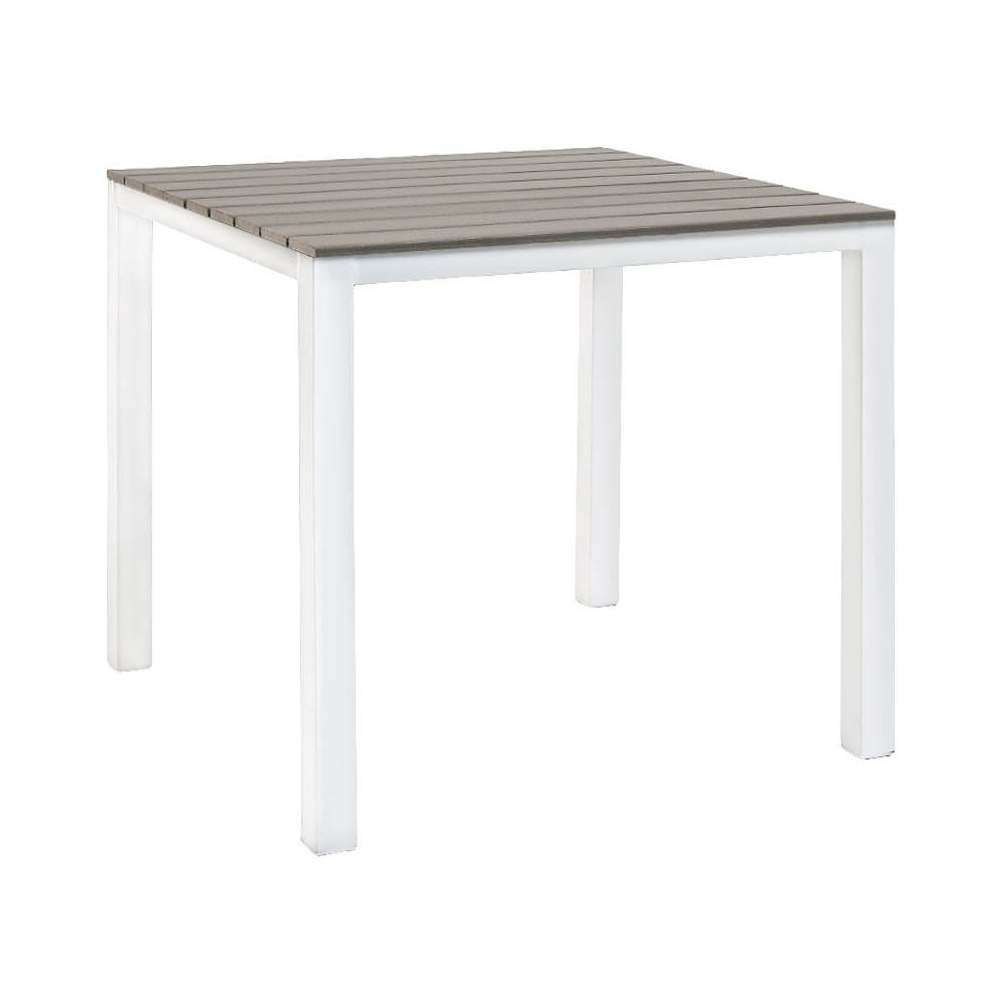 White Metal Frame Table with Gray Finish Faux Teak Top
