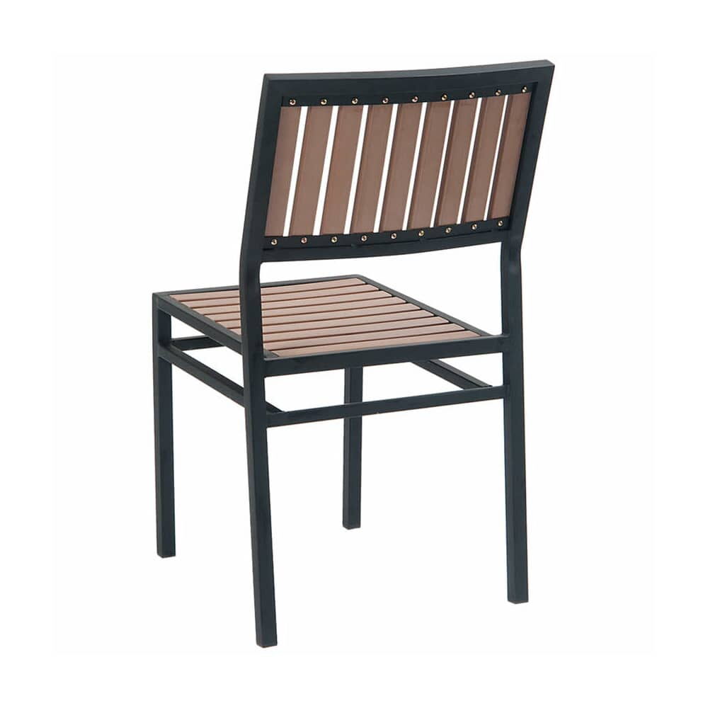 Black Chair in Metal with Vertical Slat Faux Teak, Natural Finish