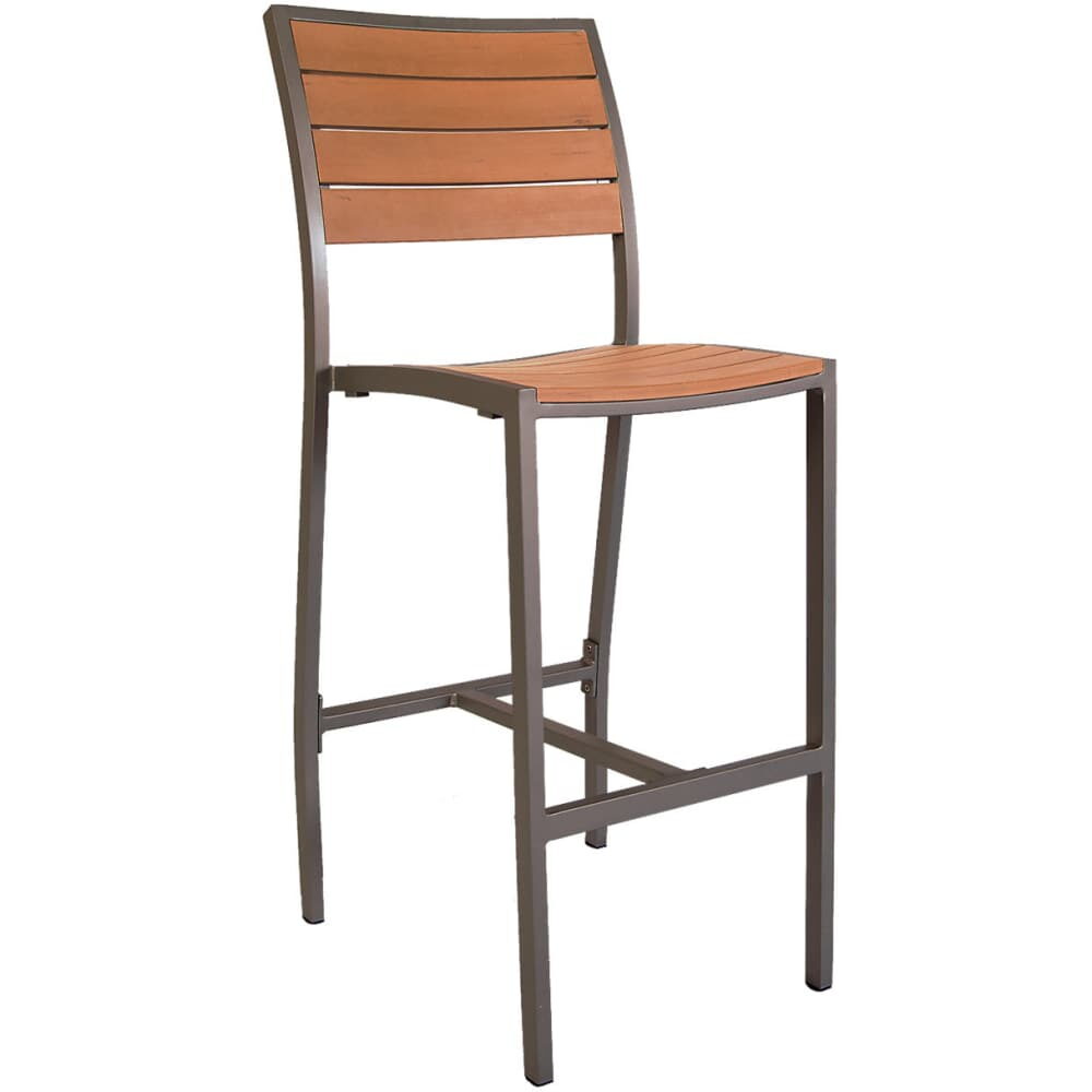 Rust Colored Aluminum Bar Stool for Patio with Faux Teak
