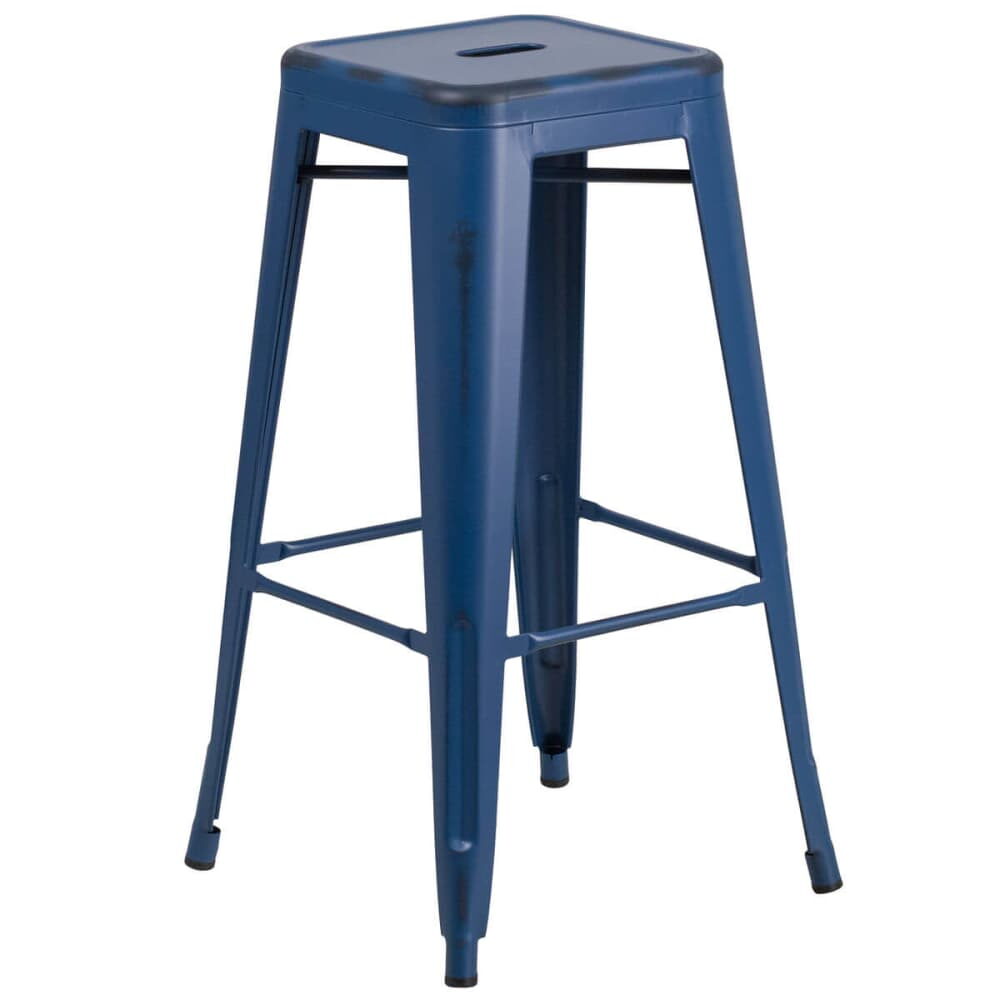 Backless Bar Stool in Distressed Dark Blue, Bistro-Style