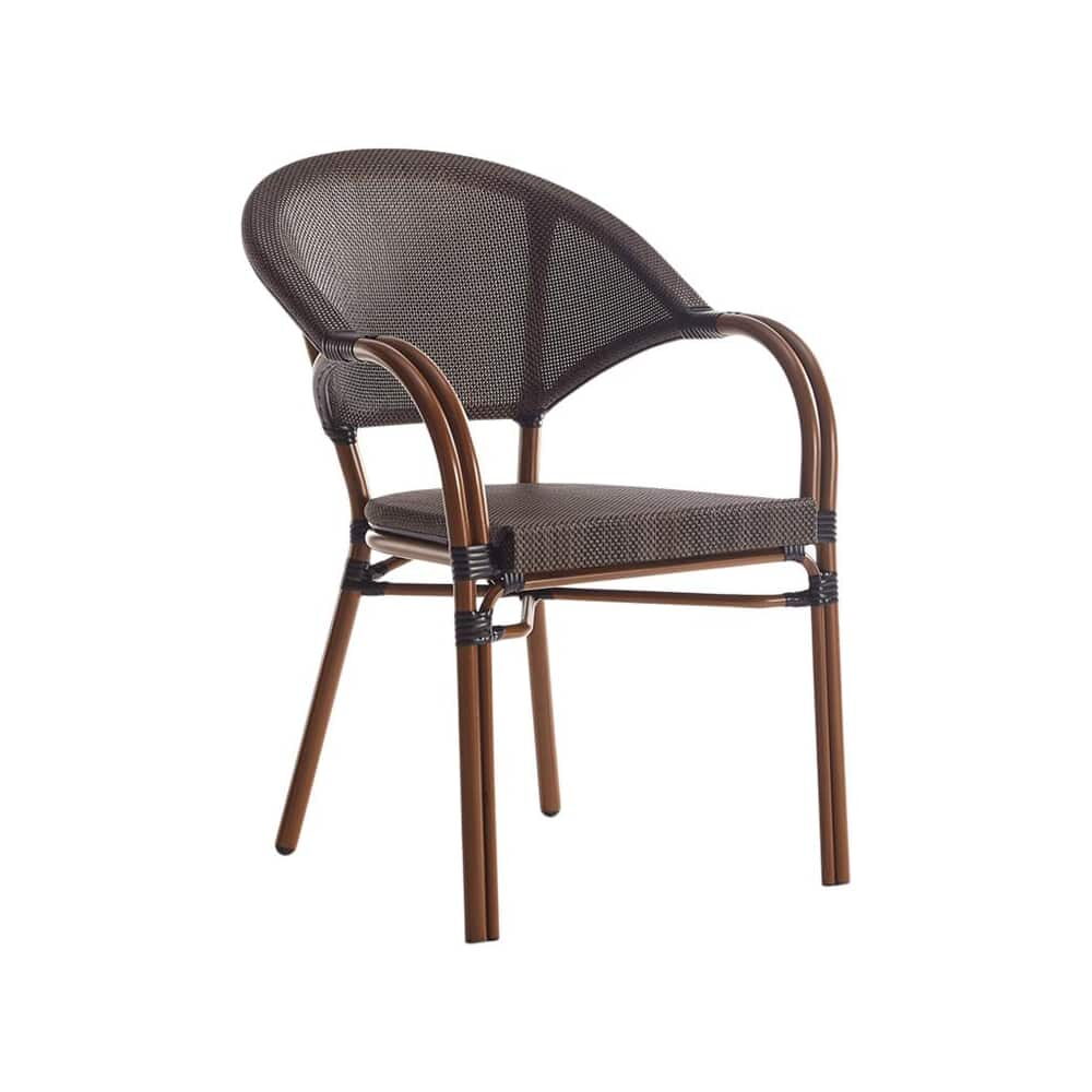 Metal Bamboo Armchair for Patio, Dark Brown Rattan with Walnut Frame