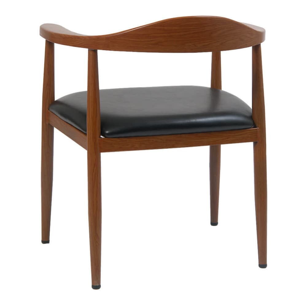 Metal Armchair in Wood Grain Walnut Finish with Black Vinyl Seat
