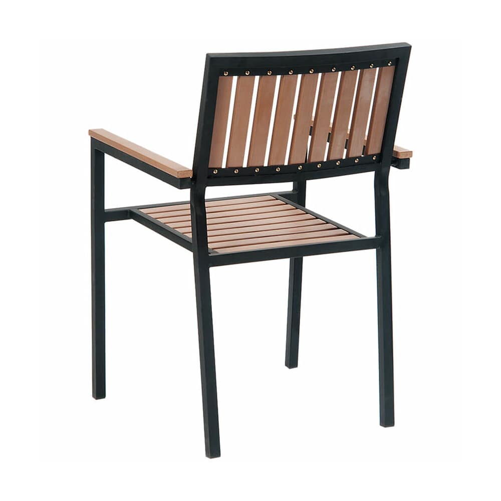Black Metal Armchair in Vertical Slat Faux Teak with Natural Finish